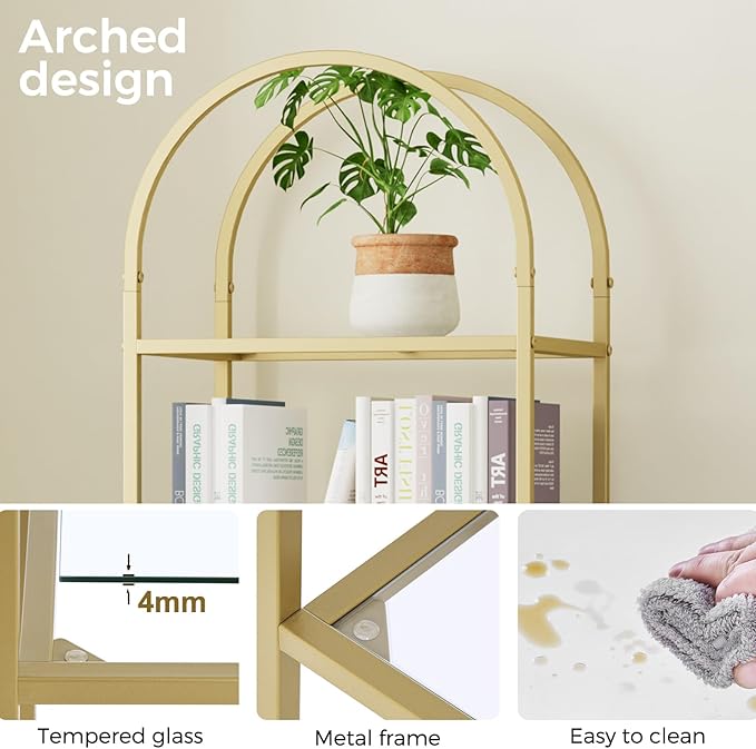 Homhedy Bookshelf Arched Display Racks,Metal Bookcase,Tempered Glass Shelves,Storage Rack Shelf for Home Office,Living Room,Bedroom, Bathroom,Modern Style (Golden, 11.8" D x 13.8" W x 68.1" H)