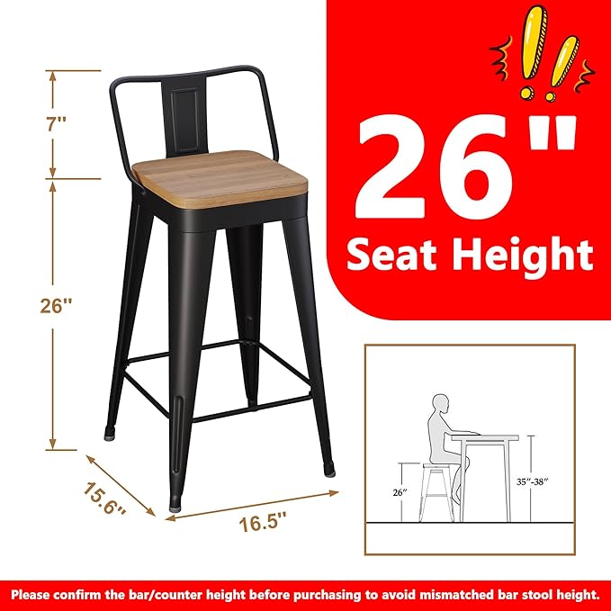 WENTMENT Metal Bar Stools Set of 2 Counter Height Barstools with Removable Back 26" Kitchen Bar Stools with Wooden Seat, Black
