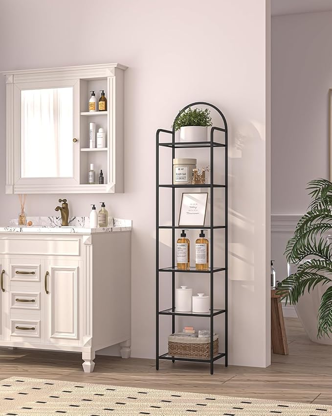 Bookcase Bookshelf, Tempered Glass Bookshelves, Slim Shelving Unit for Bedroom, Bathroom, Home Office, Steel Frame, 6 Tier Black BC10601B