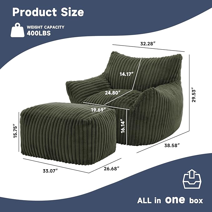 Giant Bean Bag Chairs for Adults, Oversized Chaise Lounge Chair Indoor with Memory Foam - Plush Boneless Lounger & Ottoman for Bedroom, Living Room, Gaming & Reading, Lazy Floor Sofa Chair, Green