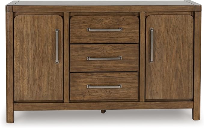 Signature Design by Ashley Cabalynn Farmhouse Glazed 2-Door Dining Server with Adjustable Shelves and 3 Drawers, Light Brown