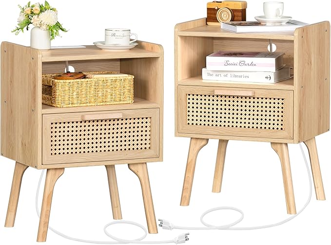 Lerliuo Rattan Nightstands Set of 2 with Charging Station, Boho Side Table with Drawer Open Shelf, Cane Accent Bedside End Table with Solid Wood Legs for Bedroom, Dorm and Small Spaces (Natural)