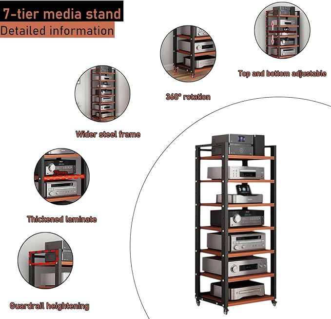 7 Tier Audio Rack Tower, CD Record Player Stereo Receiver AV Equipment Cabinet Display Rack, Weight capacity 661 lbs, with Adjustable Wooden Shelves for Home (TEAKWOOD, 7 TIER 55×19.7×15.7IN)