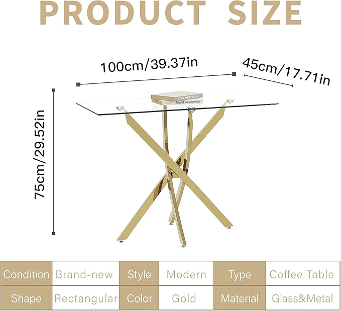 Tempered Glass Console Table with Chromed Legs, Modern Narrow Sofa Table for Hallway Entryway (Gold, 39"x18"x30")
