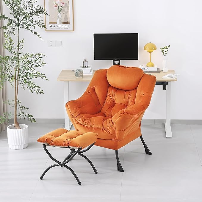 Lazy Chair with Ottoman, Modern Accent Chair Contemporary Lounge Leisure Sofa Chair with Armrests, Reading Chair and Folding Footstool Set for Living Room, Bedroom, Orange