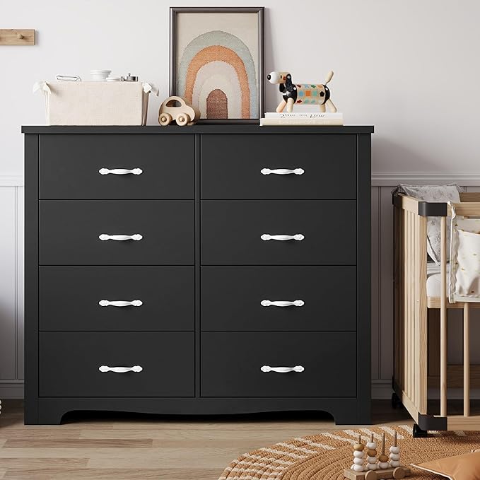 LINSY HOME 8 Drawers Dresser for Bedroom, 47" Wide Rustic Wood Dressers & Chests of Drawers, 40" Tall Modern Storage Dresser with Antique Handles for Closet, Living Room, Hallway, Black