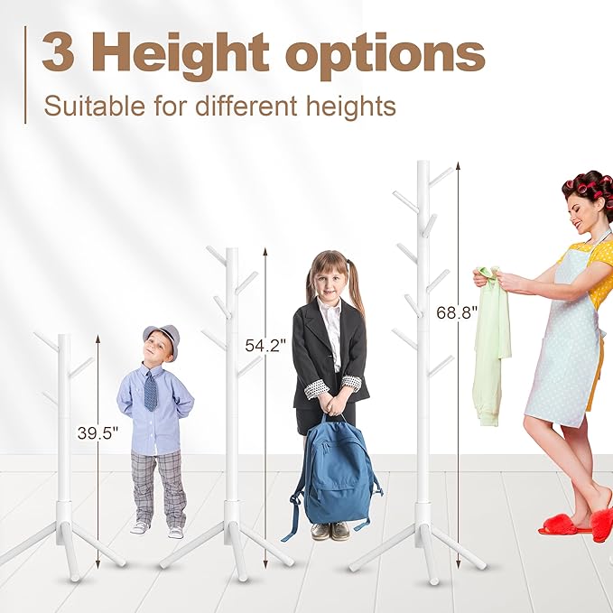 Wooden Coat Rack Stand, Freestanding Coat Rack with 8 Hooks, 3 Adjustable Size Coat Tree for Hats, Coats, Scarves bags, Coat Hanger Stand Used in Bedroom/Office/Entryway （White）