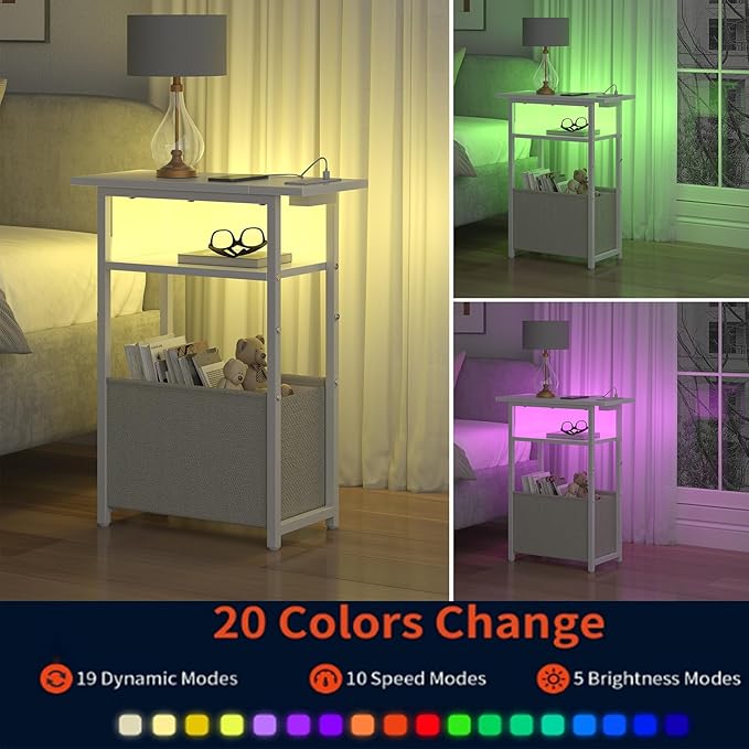 Narrow Side Table with Charging Station, LED End Table for Small Spaces, Skinny White Nightstands with Storage Basket, 3 Tier Sofa Bedside Tables for Living Room,Bedroom, White