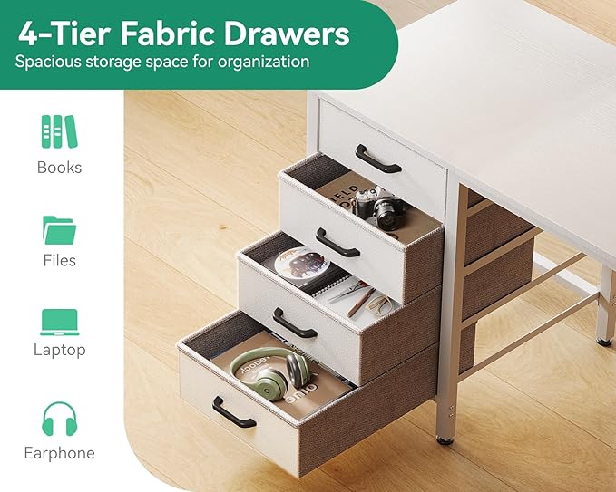 Casaottima 32 inch Small Computer Desk with 4 Fabric Drawers, Side Hook and Cloth Bag, Kids Study Table for Bedroom and Small Space, Pure White