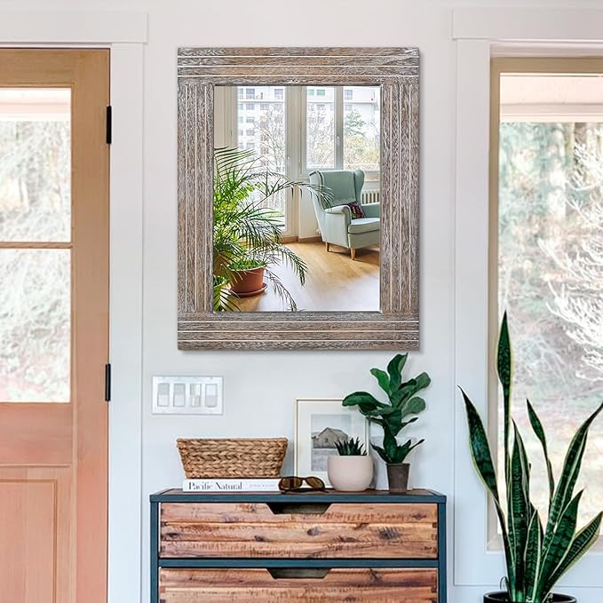 Wall Mirror Rustic Wooden Frame Rectangle Mirror Vintage Hanging Mirror for Bedroom Bathroom Living Room Farmhouse Wall Decor Large 26" x 18"