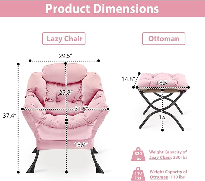 Lazy Chair with Folding Ottoman, Accent Chair Velvet Upholstered with Metal Structure and Non-Slip Pads, Sofa Armchair with Footrest and Side Storage Bag for Dorm, Room, Office, Pink