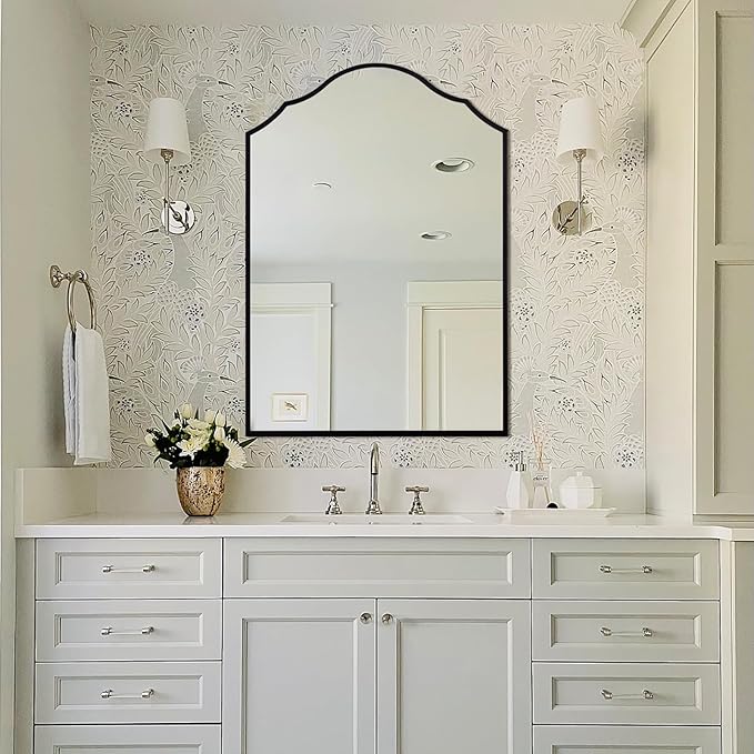 Arched Mirror Wall Decor, 36"x24" Large Vanity Mirror for Wall with Antique Black Metal Frame, Scalloped Entryway Mirror, for Bathroom, Living Room, Bedroom