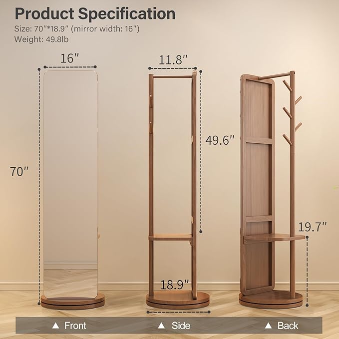 70"x16"Full Length Mirror with Stand,Coat Rack with Mirror,Solid Wood Floor Mirror,Swivel Mirrorfor Bedroom, Living Room, Cloakroom
