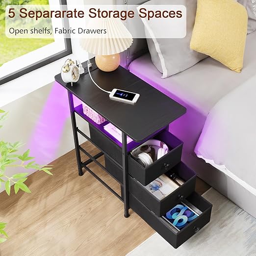AMHANCIBLE Narrow End Table Living Room with Charging Station, Slim LED Nightstand with Fabric Drawers, Skinny Side Table for Bedroom, Small Spaces, Couch, Black, HETN013LBK-1