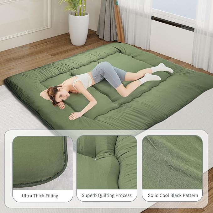 Japanese Floor Mattress,Roll Up Memory Foam Tatami Mat Easy to Store and Portable,Futon Mattress Suitable for Camping and Guest Room (Green, Full (80" X 47"))
