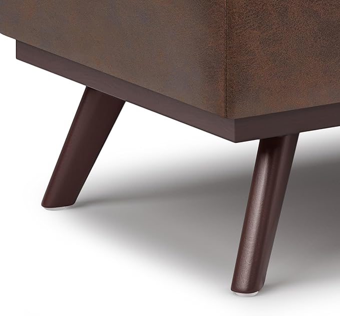 SIMPLIHOME Owen 42 inch Wide Mid Century Modern Rectangle Lift Top Large Coffee Table Storage Ottoman in Distressed Chestnut Brown Vegan Faux Leather, Assembled, For the Living Room