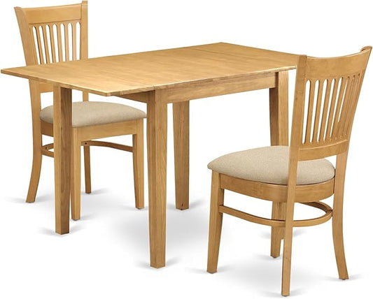 East West Furniture NDVA3-OAK-C 3 Piece Dining Room Furniture Set Contains a Rectangle Kitchen Table with Dropleaf and 2 Linen Fabric Upholstered Dining Chairs, 30x48 Inch, Oak