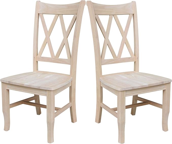 IC International Concepts, Set of 2 Double X-Back Dining Chairs, Armless, Real Wood, Kitchen/Dining/Accent, 19.9"W x 22"D x 41.3"H, 225 Lbs Wt. Capacity, DIY, Paint/Stain In Any Color, Unfinished