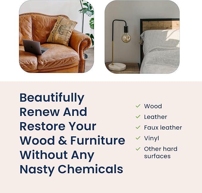 Natural Wood Cleaner & Furniture Polish - Leather Cleaner, Vinyl, Furniture & Wood Polish, Helps Remove Water Stain, Unscented - Includes: 1 Refillable Empty 12oz Bottle & 1 Refill(3 fl oz)