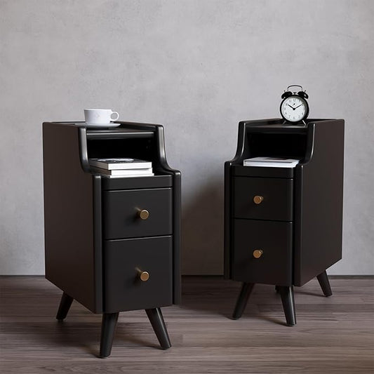 Narrow Nightstand with Drawers, Wood Bedside Table, Small Black Nightstand Set of 2