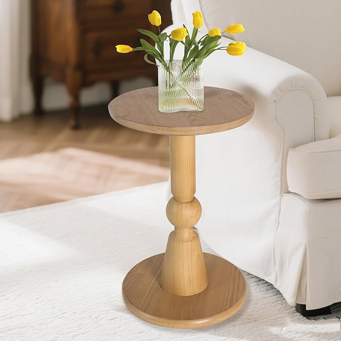 Round Side Table, 11.6 Inch Modern Accent End Table with Pedestal Base, Natural Wood (Natural)