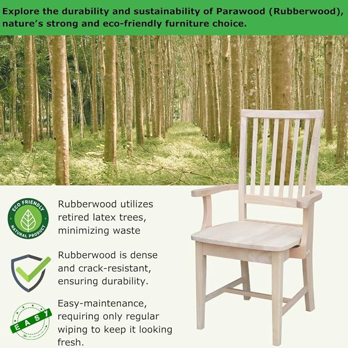 IC International Concepts Mission Side Chair with Arms Solid Parawood, Box Seat Construction, Kitchen/Dining, 22"W x 21"D x 39"H, 225 Lbs Wt. Capacity, DIY, Paint/Stain In Any Color, Unfinished