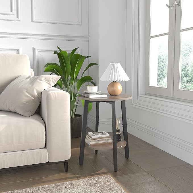 Side Table Set of 2, Small Round End Table with Storage Shelf for Small Space, 2-Tier Bedside Table Sofa Couch Table, Nighstands Set of 2 Accent Table for Living Room, Bedroom, Grey
