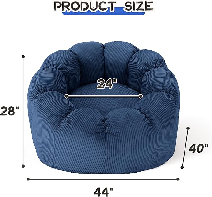 HABUTWAY Giant Bean Bag Chair for Adults/Kids/Teens, Pumpkin Bean Bag Couch Comfy Reading Chair for Bedroom, Corduroy Lazy Sofa Loughe Chair with Wider Seat Depth & Non-Slip Bottom(Blue)