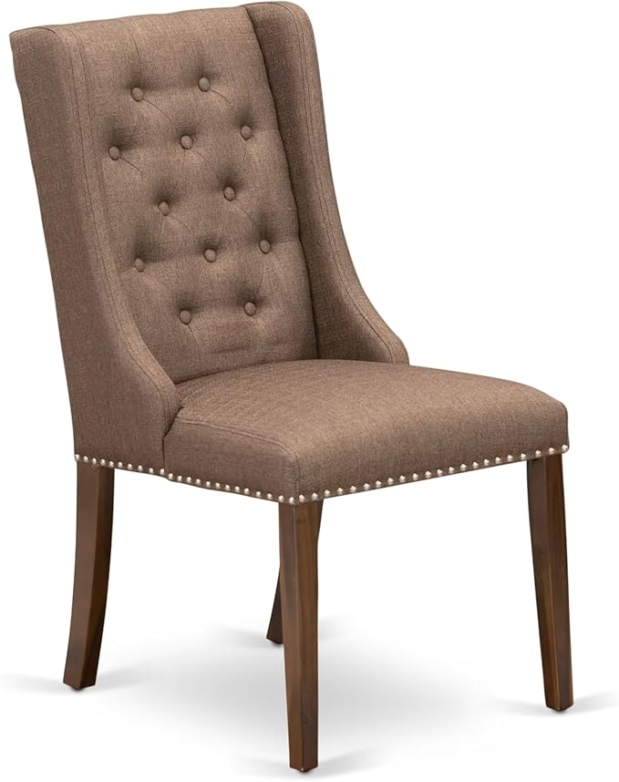 F7FO7-50N-18 - 7-Piece Dining Room Set Contains A Kitchen Table and 6 Brown Polyester Fabric Parsons Chairs with Button Tufted Back, Antique Walnut