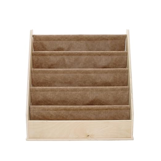 Factory Direct Partners Rustic Kid Birch Sling Book Display; Distressed Faux Leather 4-Shelf Storage for Books or Magazines; Furniture for Bedroom, Playroom, Daycare or Classroom - Pecan, 13745-321