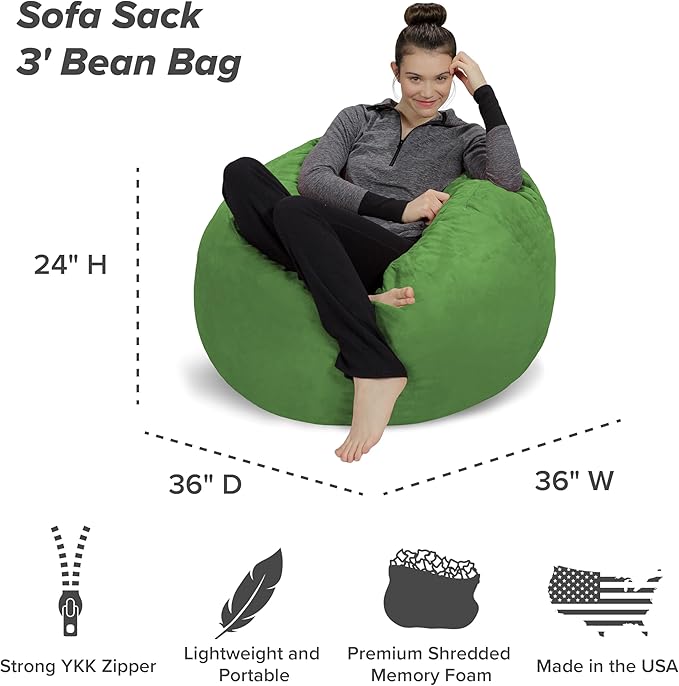 Sofa Sack Bean Bag Chair - Plush, Ultra Soft - Memory Foam Bean Bag Chair with Microsuede Cover - Stuffed Foam Filled Furniture and Accessories for Dorm Room 3 Feet - Lime