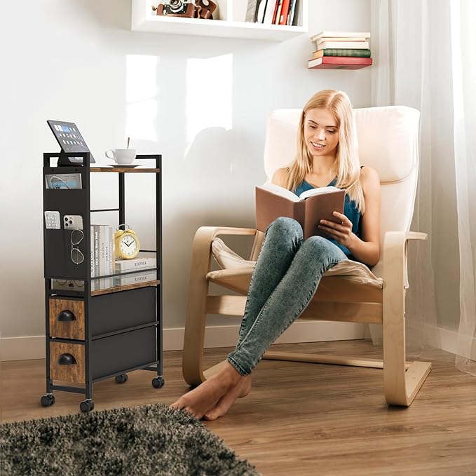 Narrow Side Tables with 2 Drawer for Small Spaces, Skinny Thin Bedside Nightstand End Table on Wheels, Rolling Slim Tall Desk with Storage Bag for Sofa Living Room Dorm Bedroom Couch Bathroom
