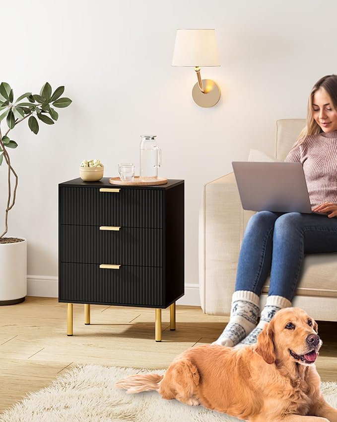 Night Stand,Tall Bedside Table with 3Storage Drawers,White Nightstand,Bedside Furniture,Side Table with Gold Frame,End Table for Bedroom,Living Room (Modern-3drawers, Black.)