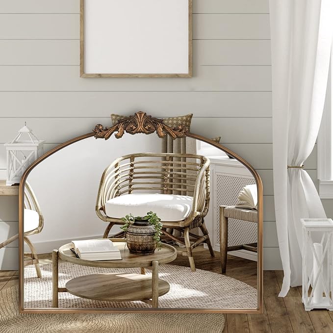 Gold Wall Mirror, Large Arched Vintage Baroque Ornate Mirrors, Traditional Decorative Antique Brass Mirror for Entryway Table, Living Room, Bedroom, Bathroom Vanity, Fireplace (30” x 36”)