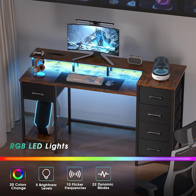 55 Inch Computer Gaming Desk with Power Outlets LED Lights, Reversible Home Office with Adjustable Fabric Storage Drawers for Working Writing Study, Rustic Brown