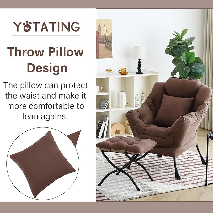 Lazy Chair with Ottoman, Comfy Reading Chair with Footstool & Pillow Modern Lounge Chair with Armrests & Side Pocket for Living Room, Bedroom, Dorm Room，Dark Brown