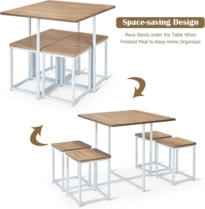 Giantex 5 Piece Dining Table Set, Dining Set for 4 with Square Stools, Small Kitchen Table Set with Metal Frame, Compact Design for Small Space, Home Kitchen Bar Pub Apartment