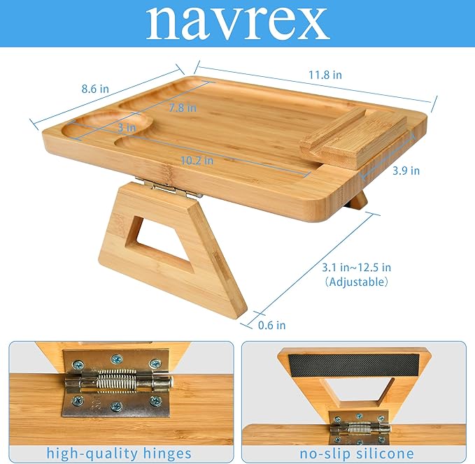 Couch Arm Tray Table Clip on Sofa, Armrest TV Tray Table with 360° Rotating Phone Holder, Solid Bamboo Side Table for Wide Couches Arm, Gift for Mom Dad or Friends