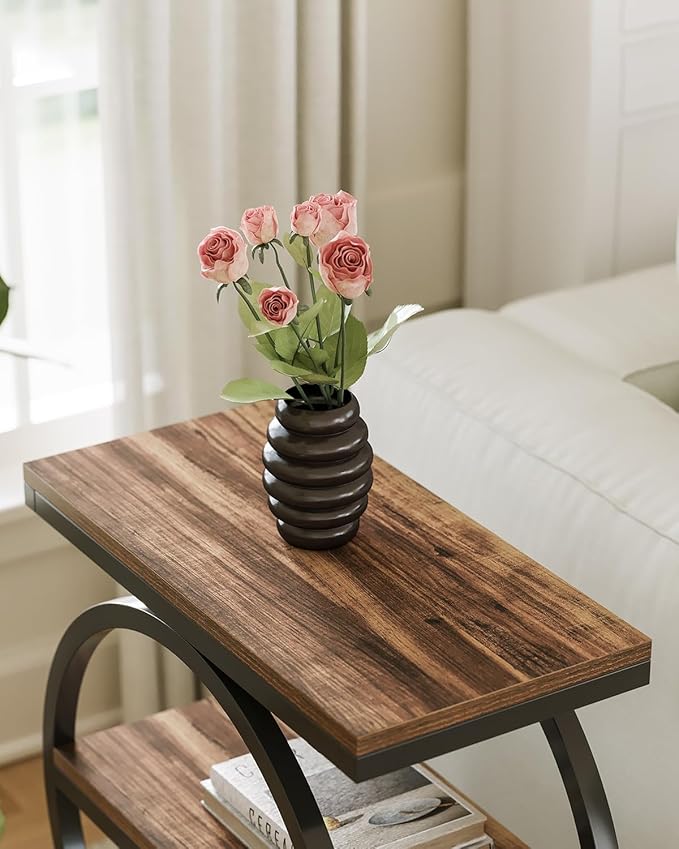 LITTLE TREE End Table Set 2, Side Table with 3 Tiers Shelves, Slim Sofa Side Table for Living Room, Tall Bedside Table Nightstand for Bedroom, Rustic Brown and Black