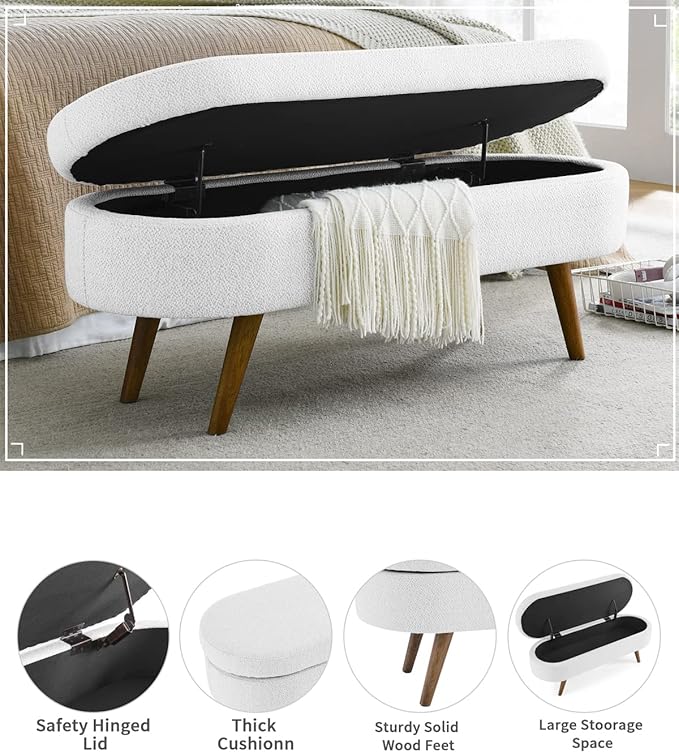 Oval Storage Bench 43.5" Linen Fabric Upholstered Entryway Bench with Solid Wood Legs Ottoman Bench Indoor Bench for Living Room/Bedroom/End of Bed/Entryway (White)