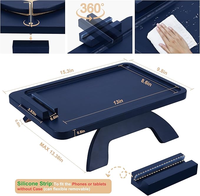 SINWANT Couch Armrest Table, Bamboo Couch Arm Table 360° Phone Holder,Foldable Sofa Arm Tray for Eating Drinking Snacks Remote on Chair Armrest