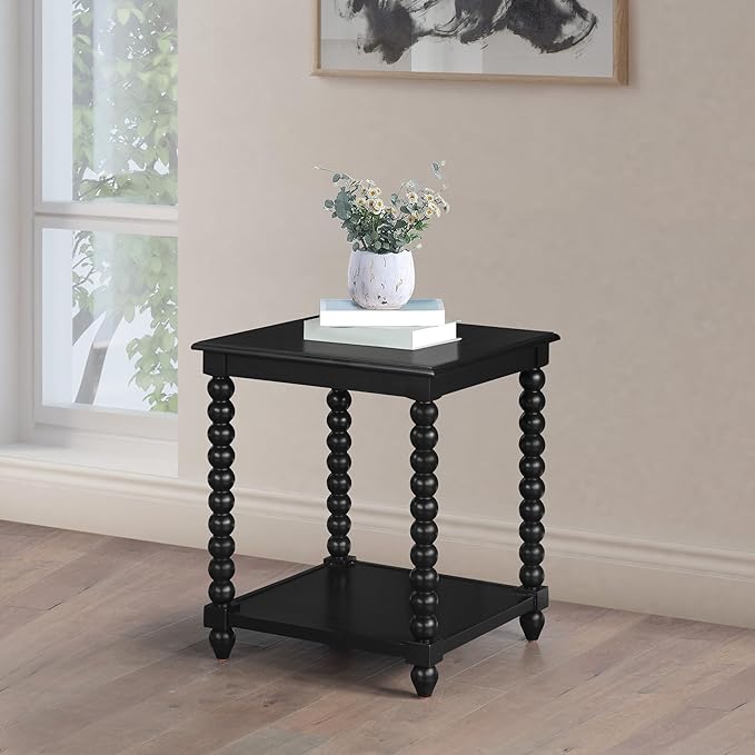OSP Home Furnishings Elise Cottage Style Table with Spindle Legs, Open Storage Shelf, End Table, Black Finish