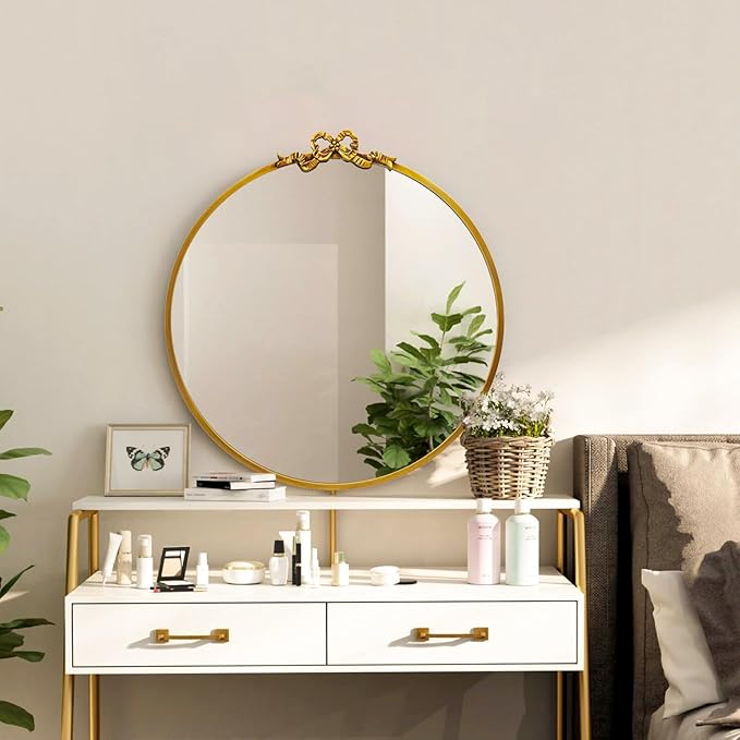 Vintage Gold Round Mirror Decorative Bathroom Vanity Mirrors 27.5inch Antique Metal Ornate Circle Wall Mirror, Baroque Bow Decor for Home Dressing Table,Bedroom,Living Room,Hallway