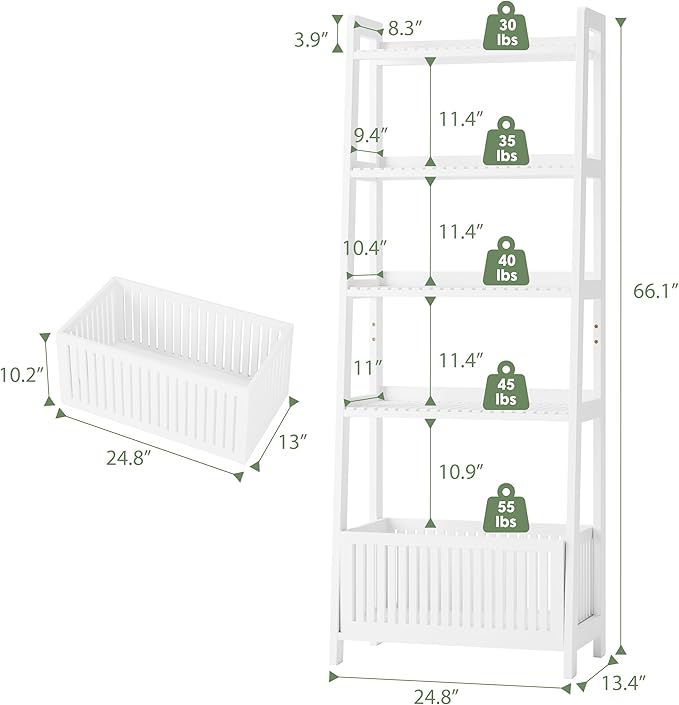 Bamjoy Bamboo White Bookshelf with Slatted Basket, Ladder Bookcase with 4 Display Shelves and 1 Open Storage Basket, Multifunctional Storage Rack Organizer for Home Office, Bedroom, Living Room, 66” H