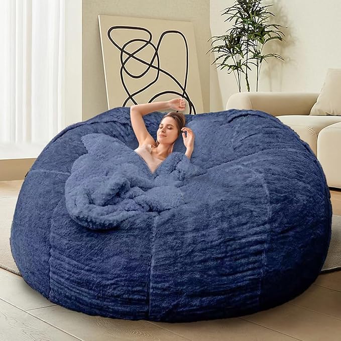 Bean Bag Chairs for Kids Comfy Fluffy Big Joe Bean Bag Chair Covers Only (No Filler) Round Sofa Chairs for Bedroom Living Room Decor, 5FT, Blue