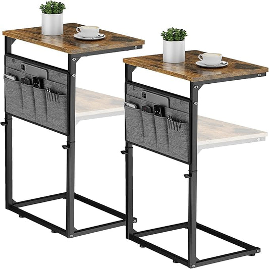 Vagusicc C Shaped End Table, Set of 2 Tall Side Table for Couch, Adjustable Height Small Couch Side Table for Small Spaces, End Table Slide Under Sofa Table TV Tray Arm Table for Living Room, Brown