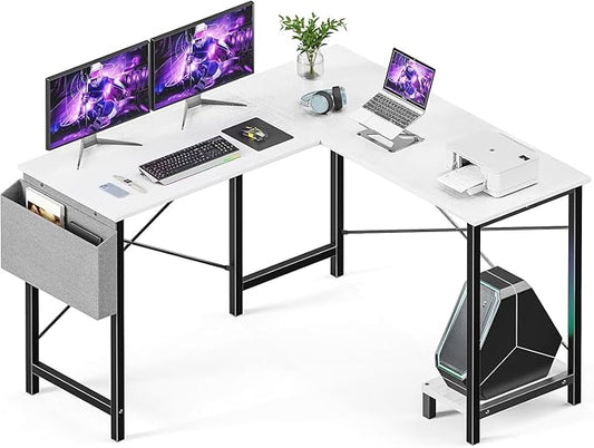 Whitmor L Shaped Gaming Desk - 50 Inch Reversible Corner Computer Desk with Wood Top, Metal Frame, CPU Stand & Side Bag, Home Office Dorm Sturdy Writing Workstation, White