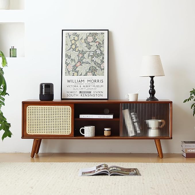 Tiita Rattan TV Stand for 55 Inch TV, Bamboo TV Cabinet with Adjustable Shelf and Storage, Boho Entertainment Center, Mid Century Modern Media Console for Bedroom, Living Room, Study, Walnut
