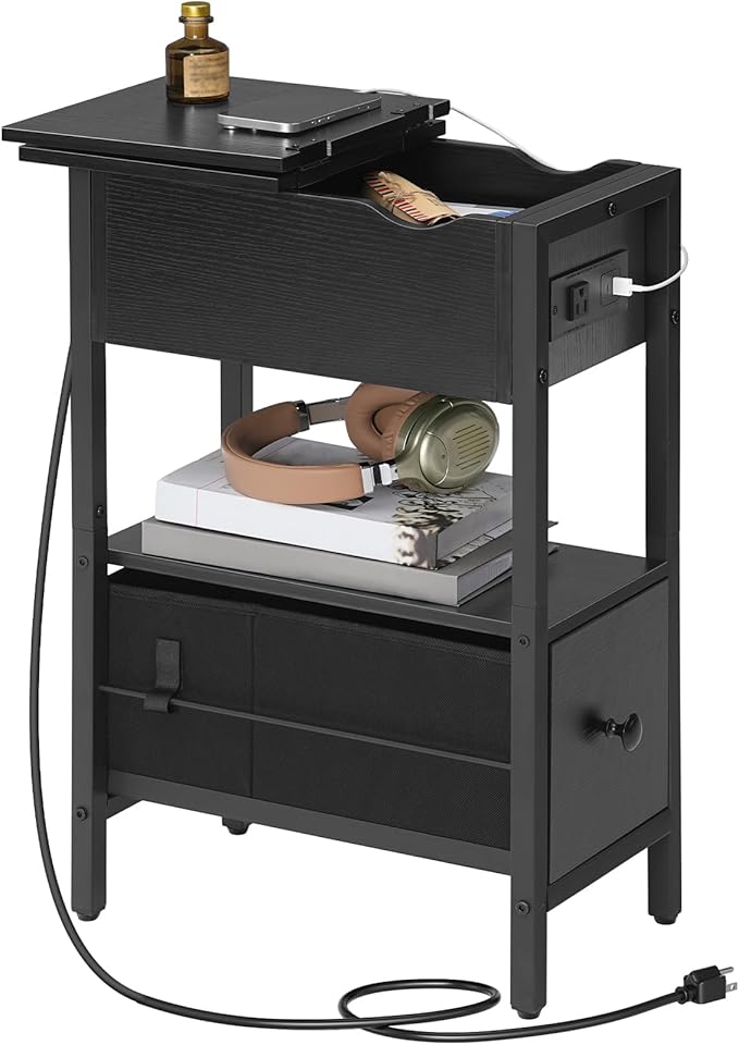 HOOBRO End Table with Charging Station, Flip Top Narrow Side Table with Storage Drawer, Slim Nightstand Bedside Tables with Shelves, for Small Space, Living Room, Bedroom, Black BK343UBZ01G1