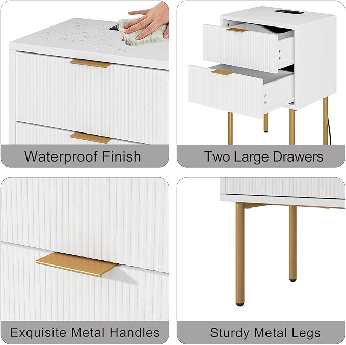 Nightstand,Small Bedside Table with Gold Frame,Morden Night Stand with 2 Drawer,End Table,Side Table with Drawer and Shelf for Bedroom,Living Room (White-2Drawer-Outlet)